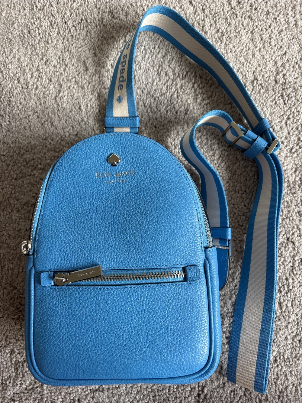 kate spade Bright Blue Pebbled Leather Mini Backpack with Striped Strap
